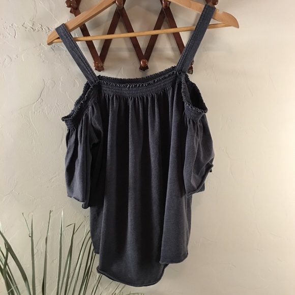 Free People We the Free Bardot Cold Shoulder Flowy Boho Grey Gray Loose Top - Picture 2 of 3